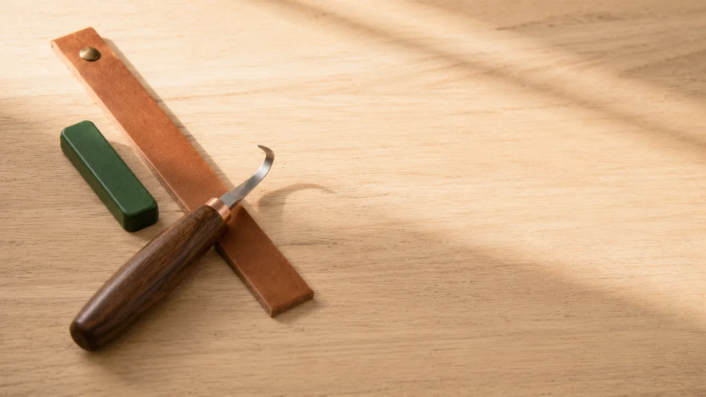 The leather strop, the bar of green polishing wax and a walnut-handled knife arranged on a pale workbench
