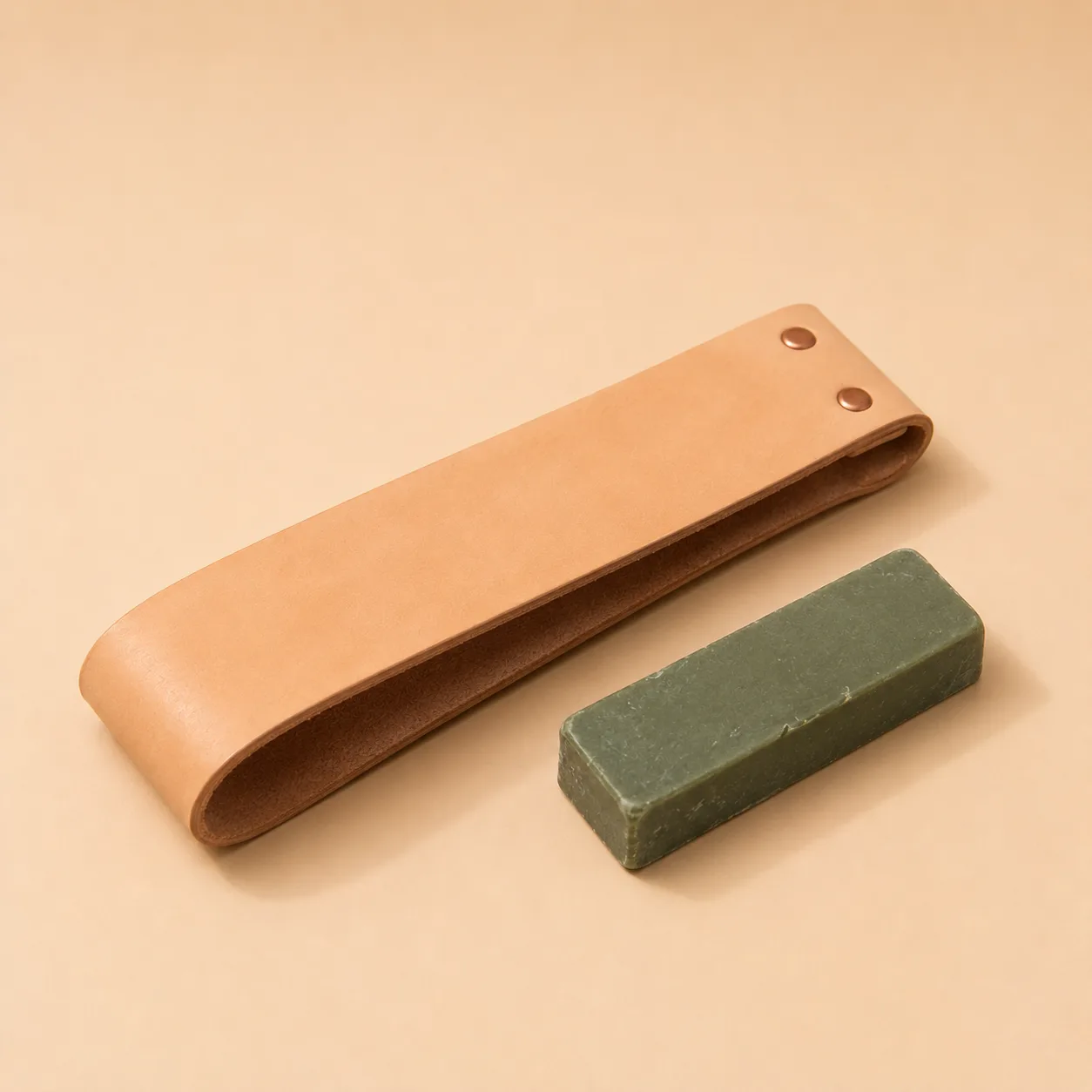 The tan leather strop lying beside its bar of green polishing compound on a plain background