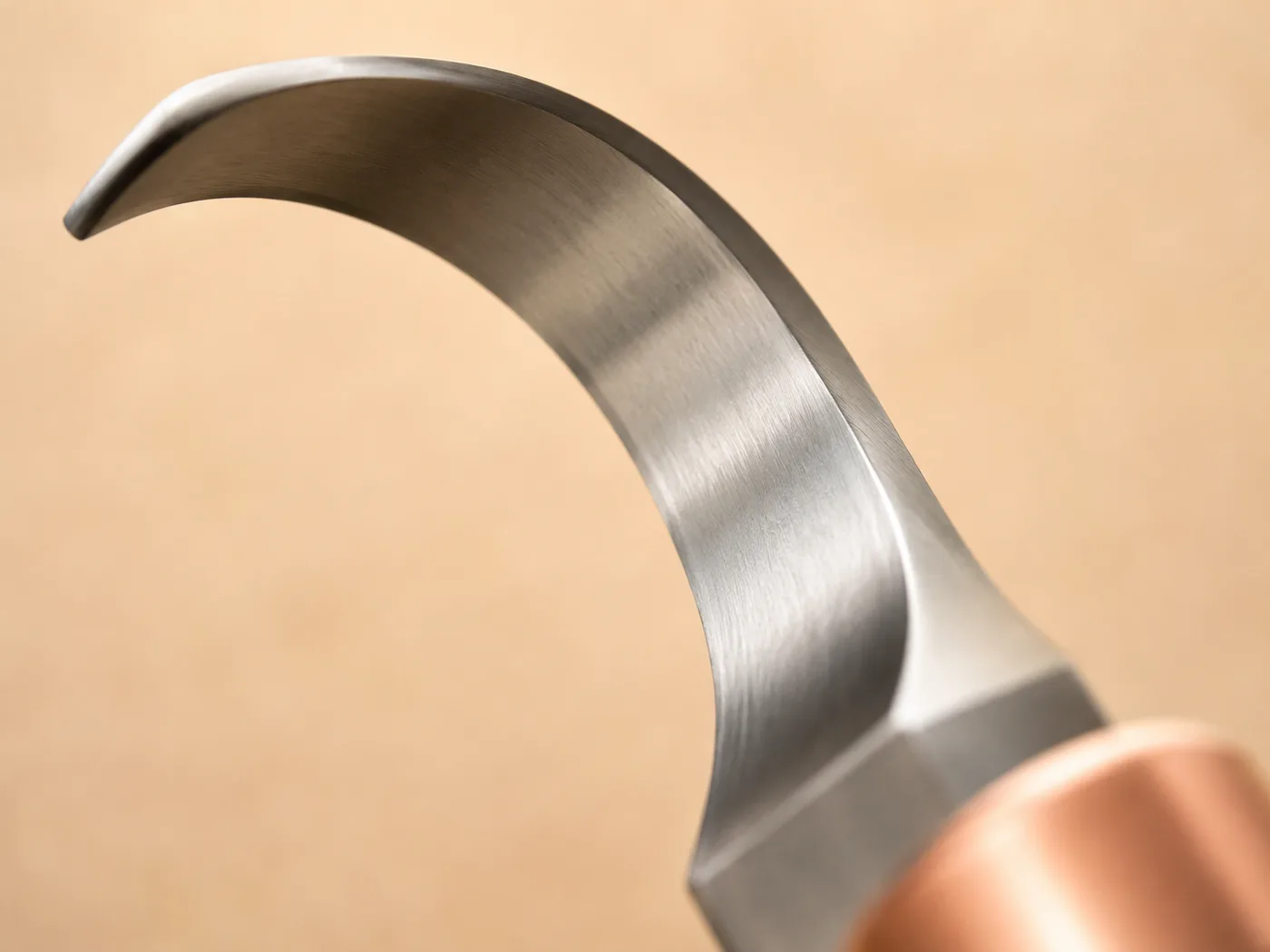 Extreme close-up of the inner curve of the hook knife blade, the polished steel catching soft light