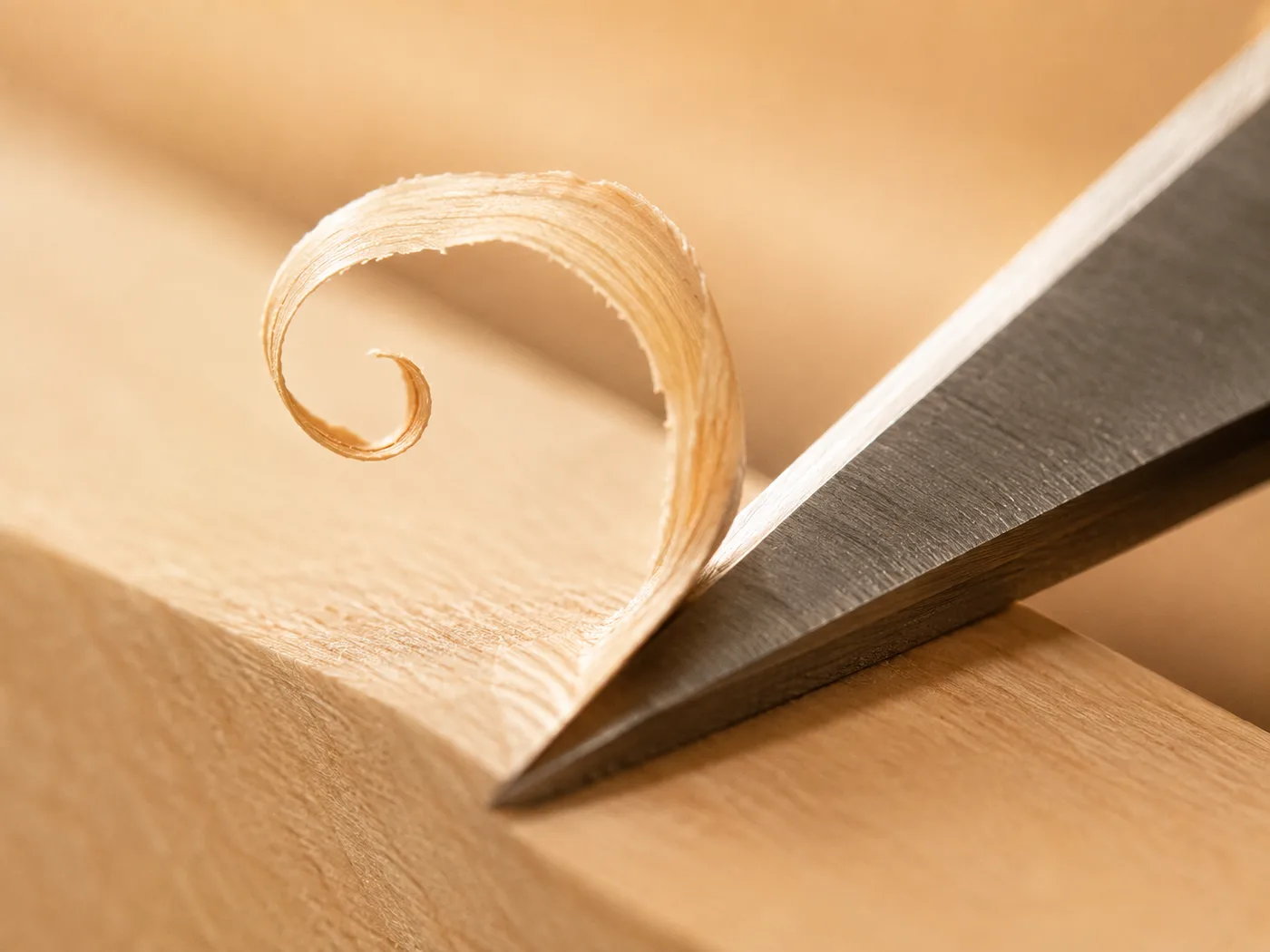 Close-up of a thin wood shaving curling away from a pale block under a carving blade