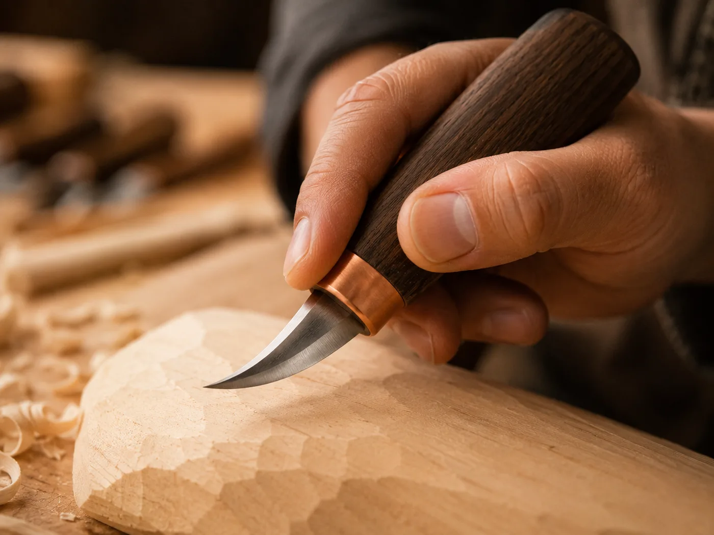 A hand holding a walnut-handled carving knife in a controlled grip over a pale wood block in warm workshop light