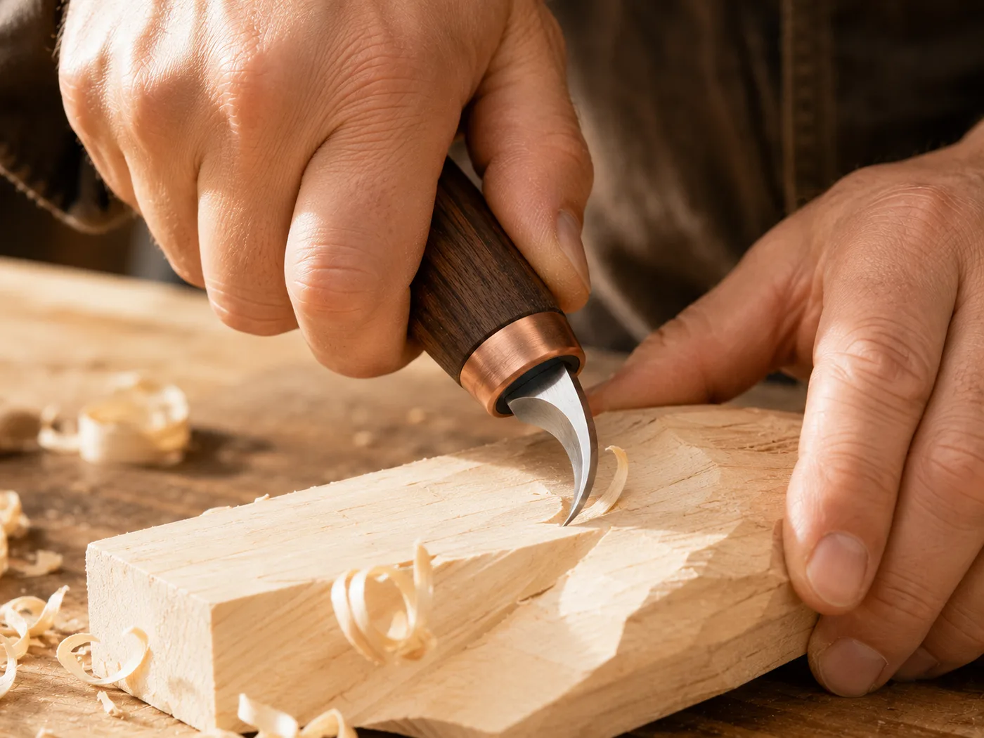 Two hands making a controlled push cut into a pale wood block with a walnut carving knife, shavings falling away