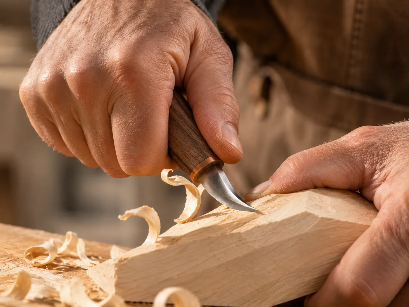Two hands driving a controlled push cut through a pale wood blank, a shaving lifting ahead of the blade
