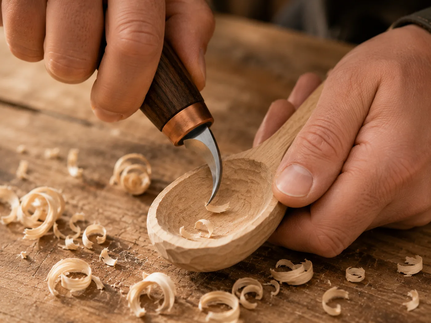 Two hands hollowing a spoon bowl with the walnut-handled hook knife, curled shavings gathering around the blank