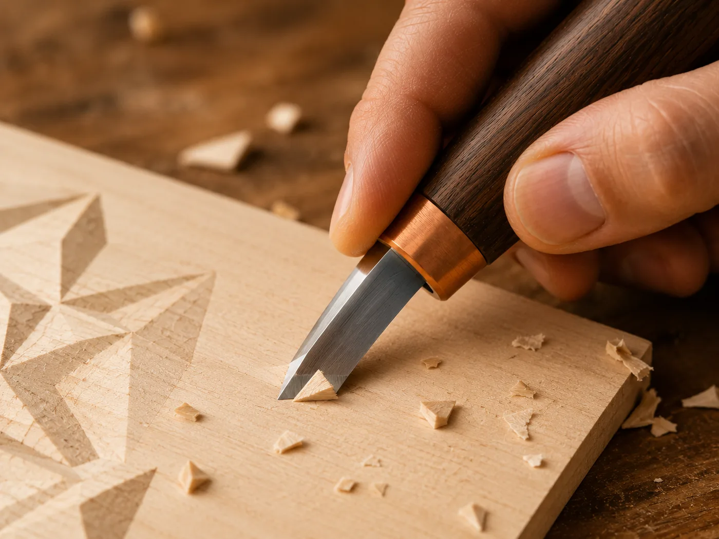 A hand lifting a small triangular chip from a flat pale board with the chip carving knife