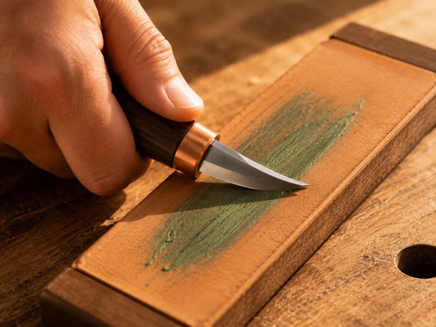 A hand drawing a carving knife backwards along the leather strop loaded with green compound