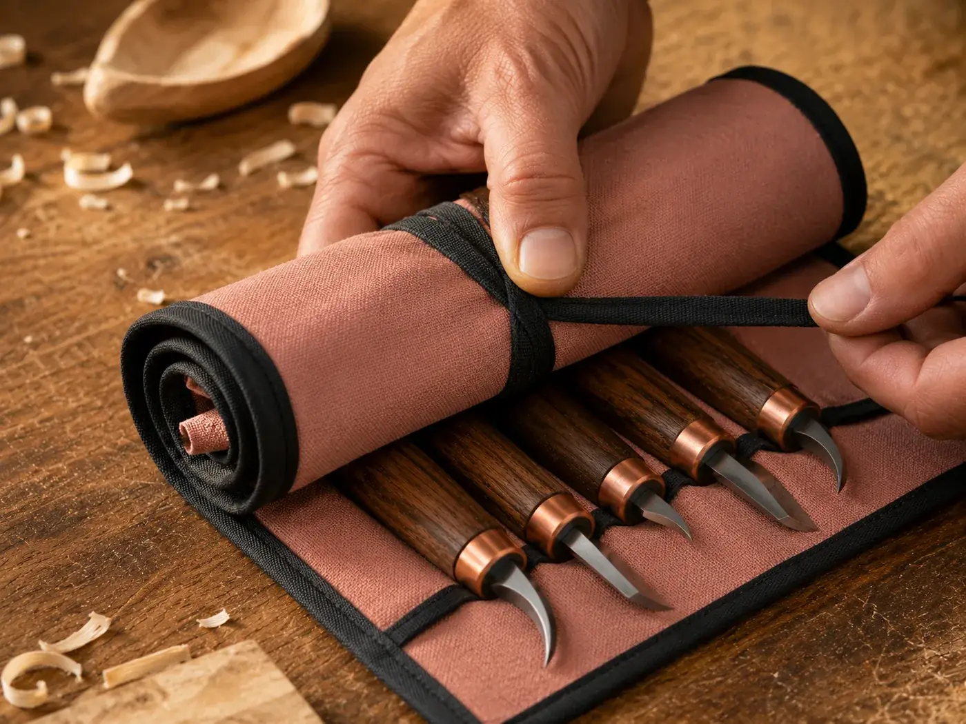 Hands rolling the canvas tool roll closed over the five knives and tying its black strap