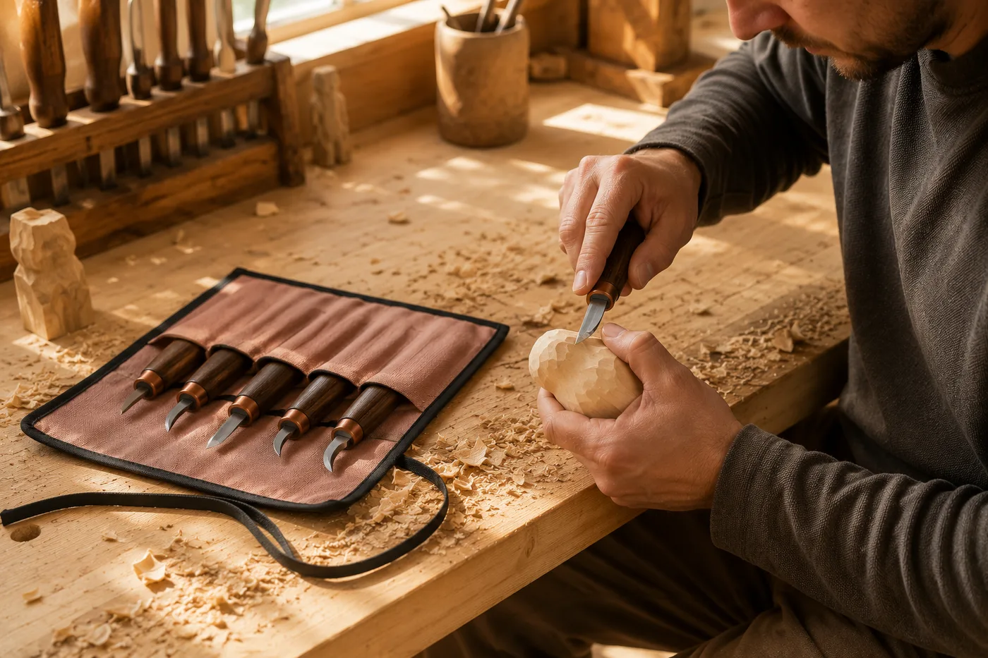 A carver seated at a light workbench shaping a small figure, the open tool roll within reach and shavings across the bench