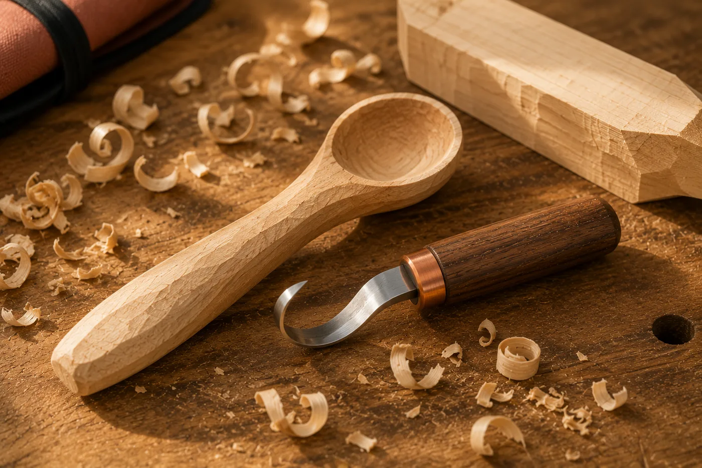 A half-carved wooden spoon resting on a workbench beside the hook knife, with shavings and a spare blank alongside