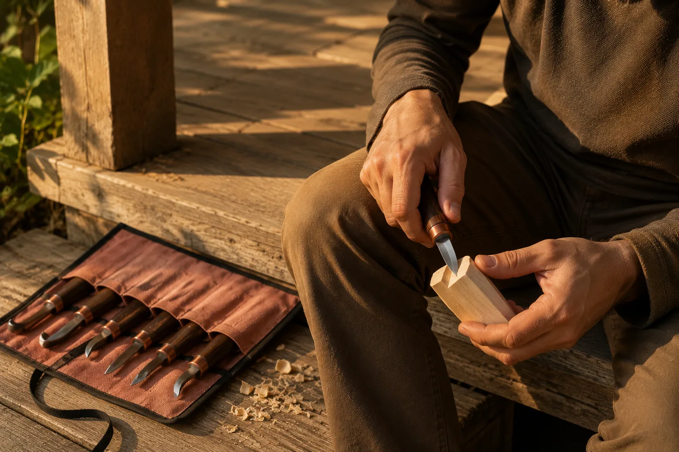 Someone whittling a small pale block while sitting on a wooden porch step, the open knife roll beside them in late afternoon light
