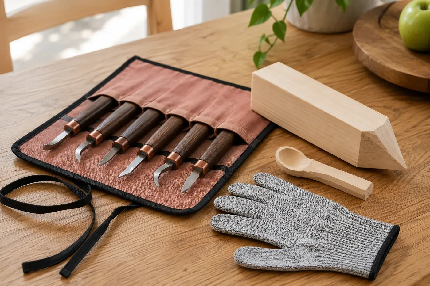 A beginner setup on a kitchen table: a pale basswood blank, the open knife roll and a cut-resistant glove in bright daylight