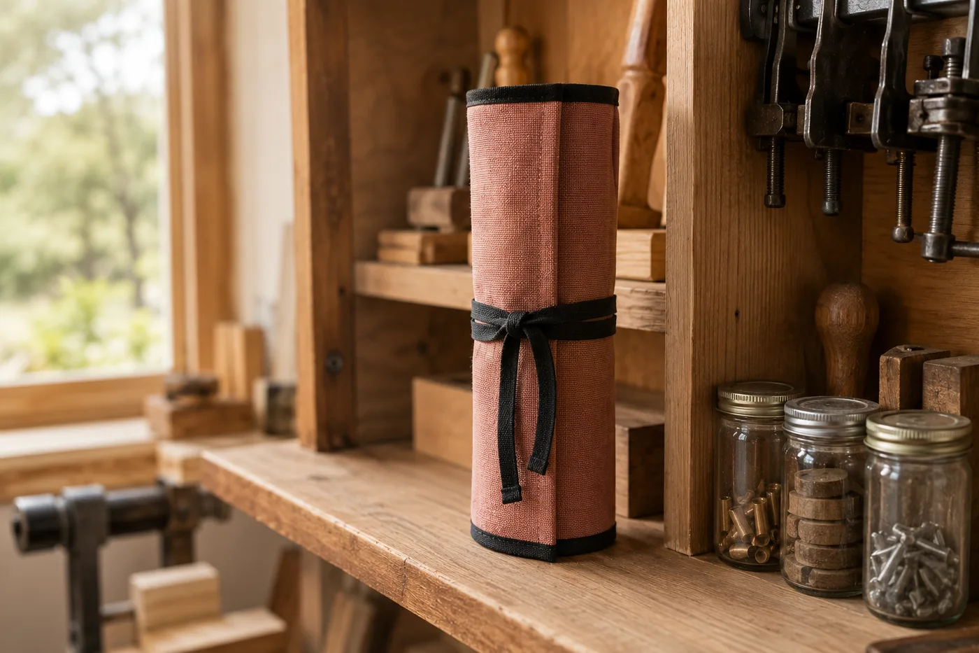 The rolled canvas knife roll standing upright on a wooden workshop shelf beside jars and clamps