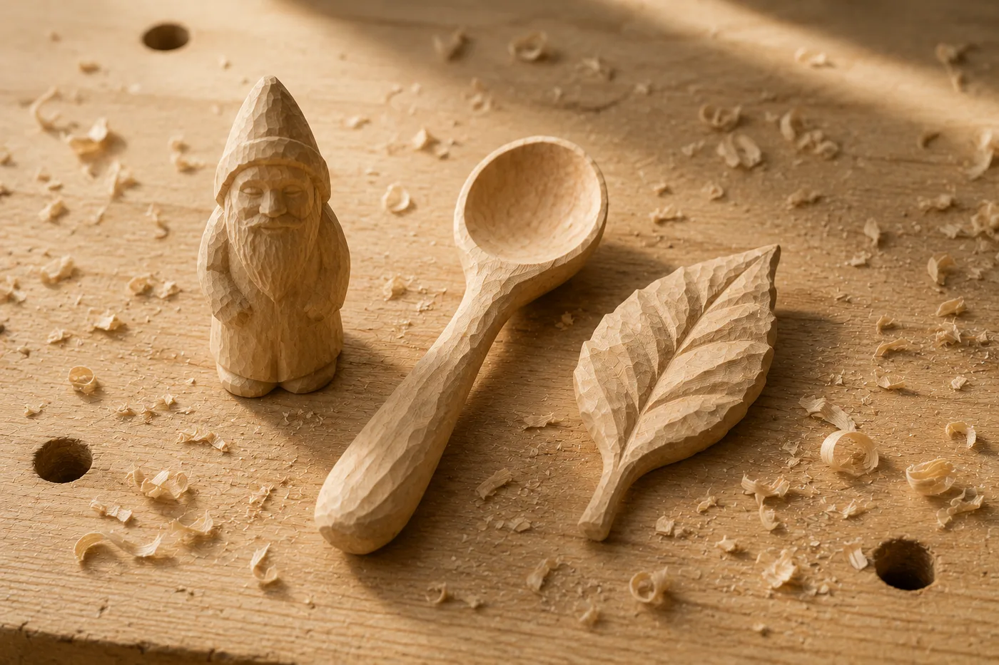 Three finished hand-carved pieces on a workbench: a small standing figure, a spoon and a leaf, surrounded by shavings