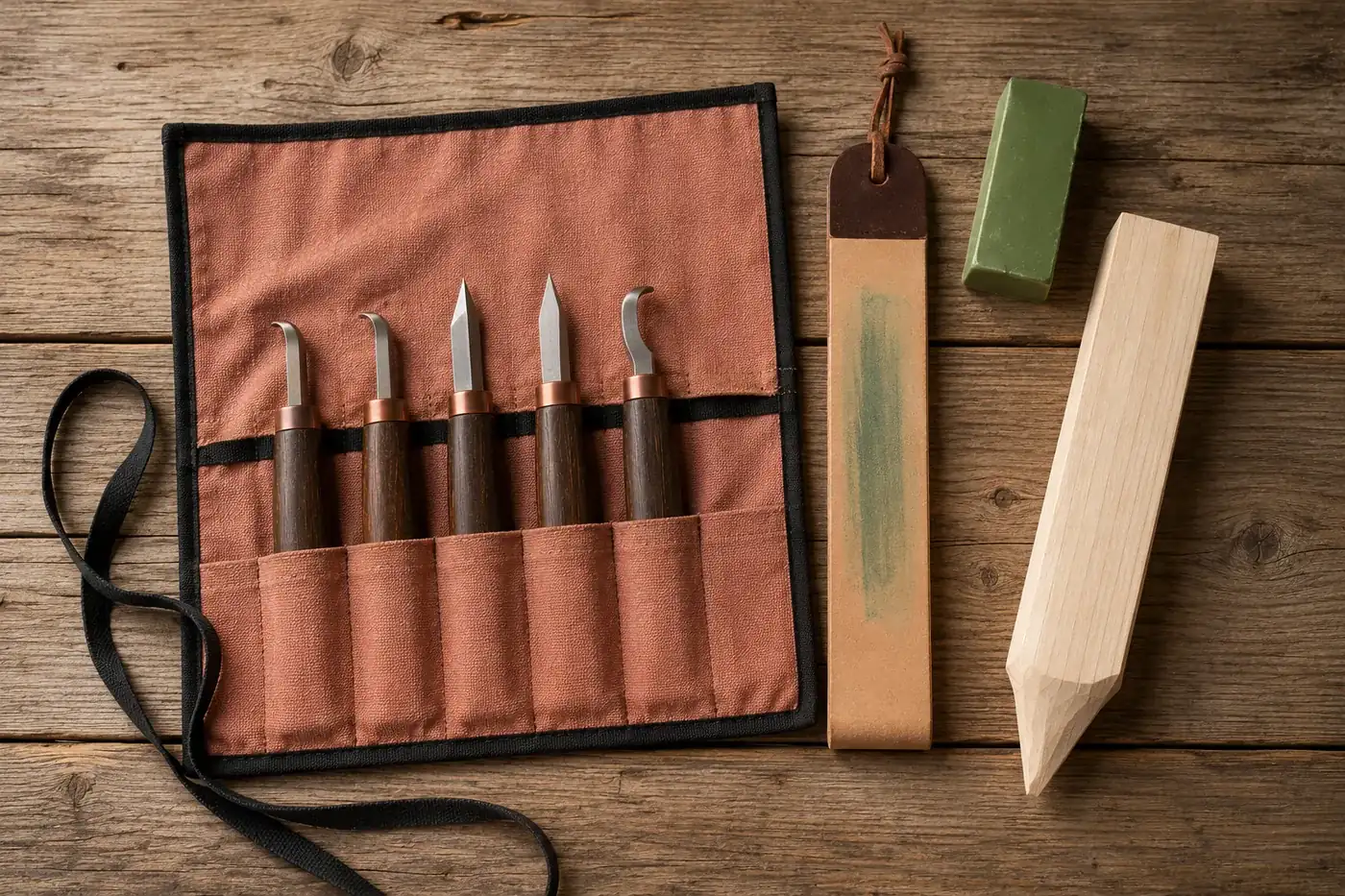Overhead flat lay on weathered wood: the open knife roll, the leather strop, the green wax bar and a pale carving blank