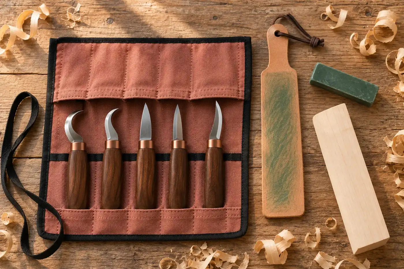 Overhead view of the open knife roll with the leather strop, the green wax and a carving blank arranged on weathered wood