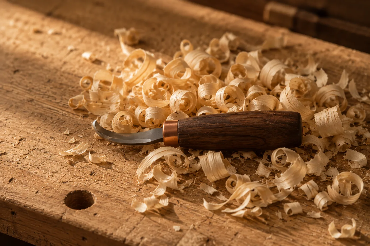 The hook knife lying in a drift of pale curled shavings on a worn workbench