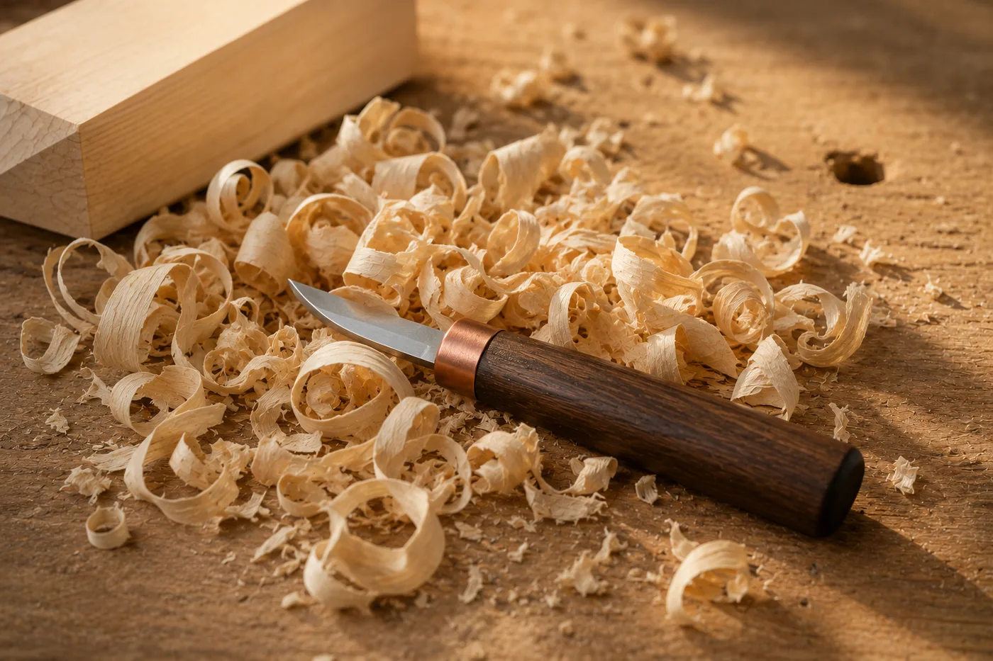 A straight carving knife resting in a pile of pale curled shavings on a workbench