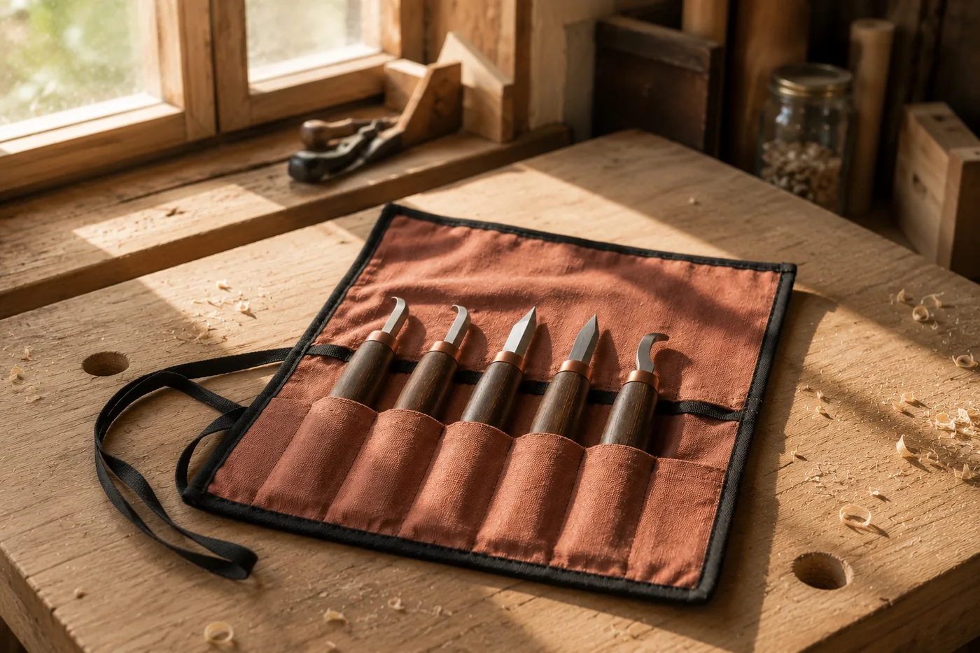 The open tool roll on a workbench beside a window, long morning light falling across the walnut handles