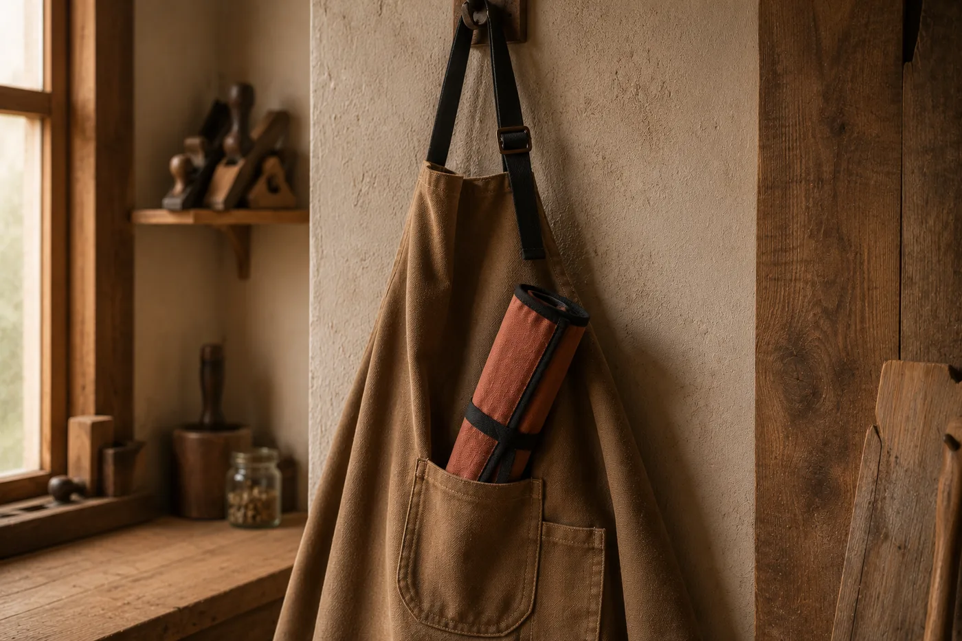 A canvas work apron hanging on a hook with the rolled knife roll tucked into its front pocket