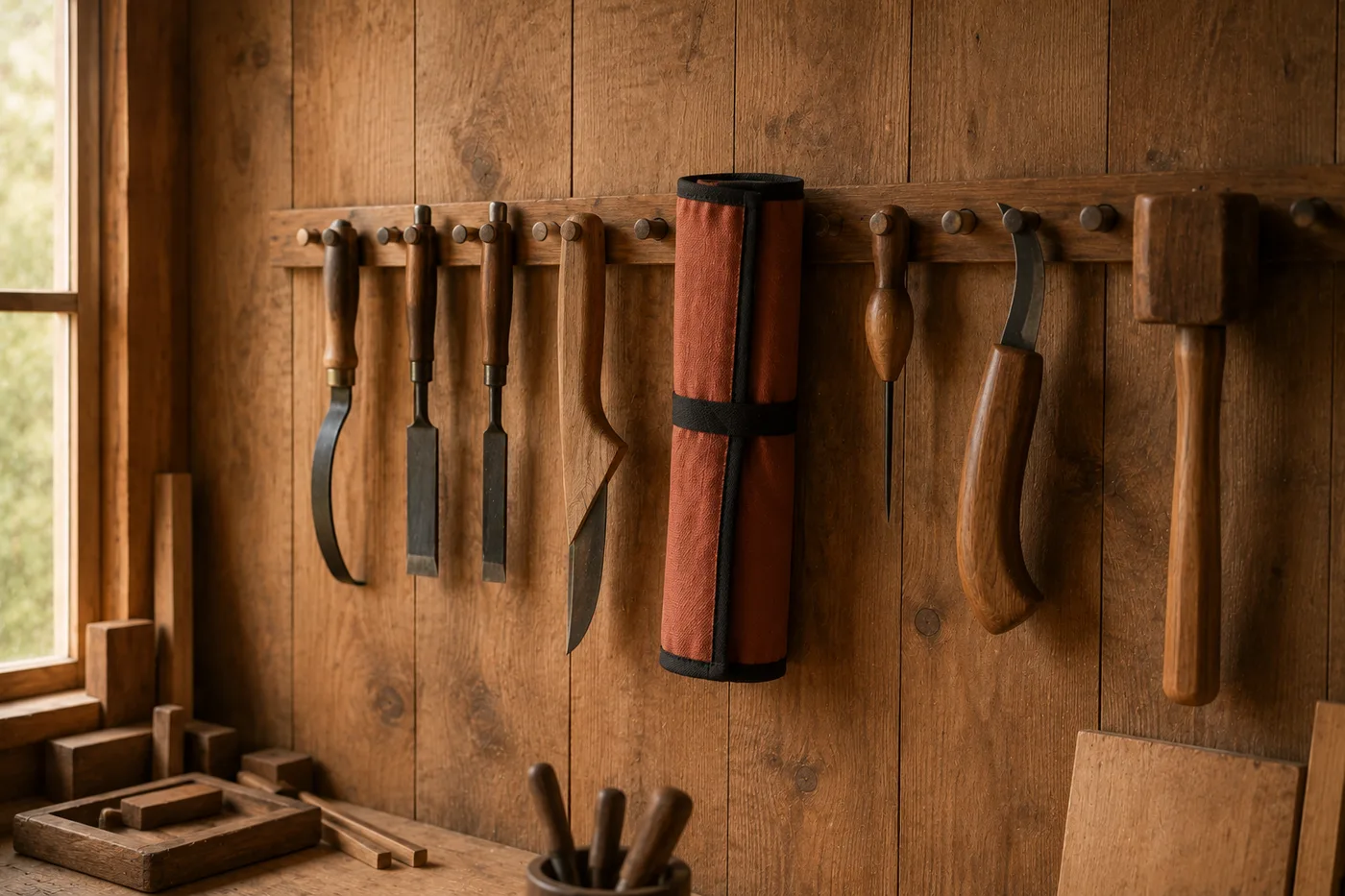 A wooden workshop wall hung with hand tools in a row, the rolled canvas knife roll among them