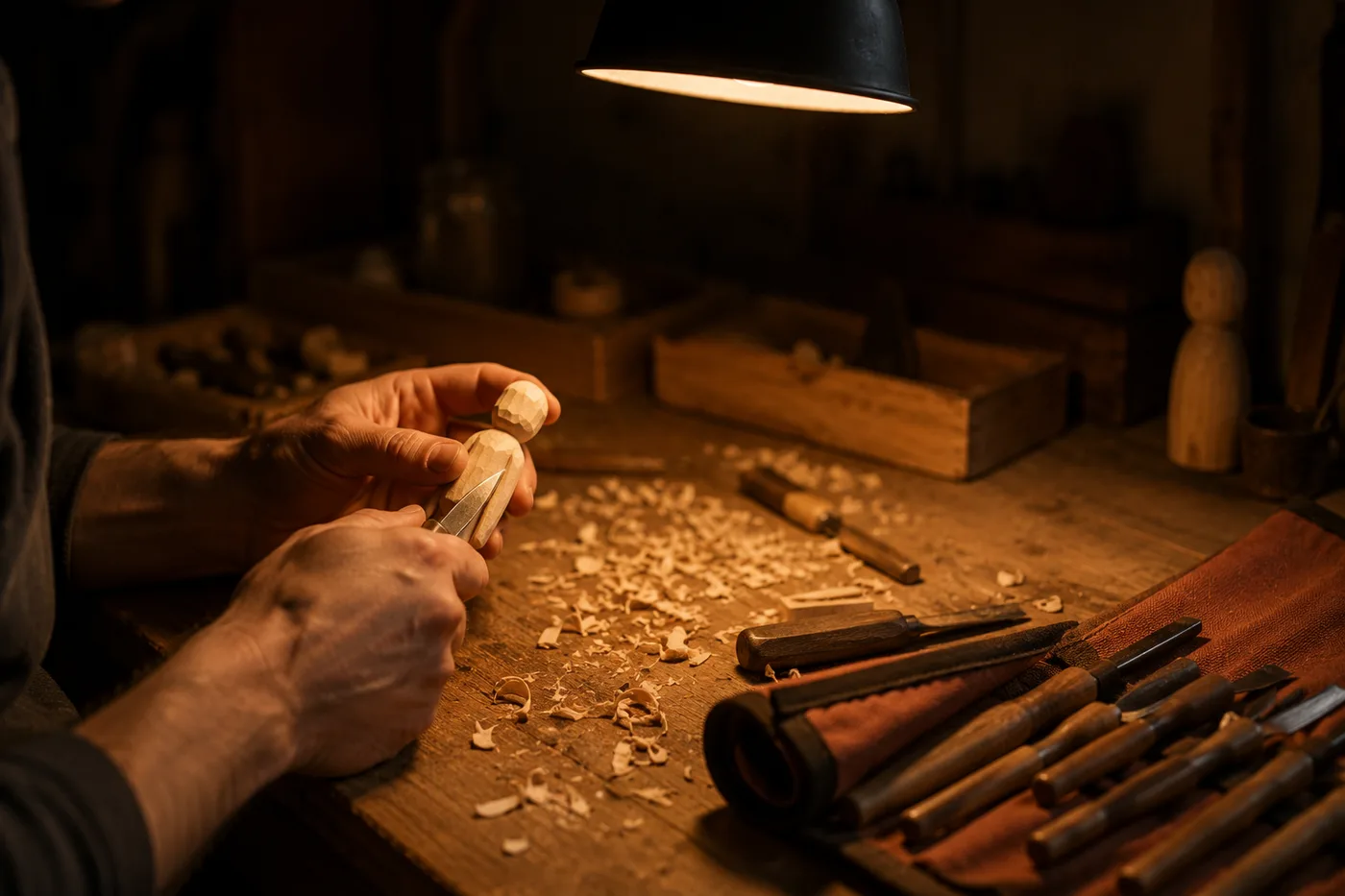 A single lamp over a workbench in the evening, hands carving a small pale wood figure in the pool of warm light