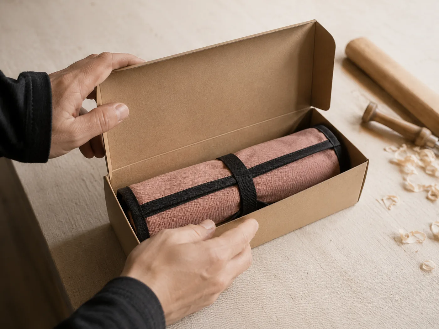 Hands lifting the lid of a plain kraft box to reveal the rolled canvas knife roll inside