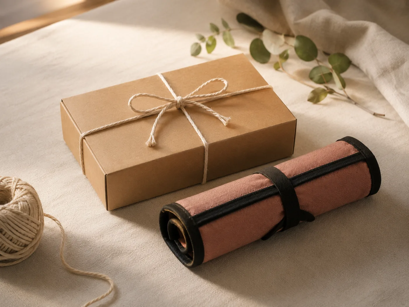 A plain kraft box tied with cotton twine on a pale table, the rolled canvas knife roll resting beside it