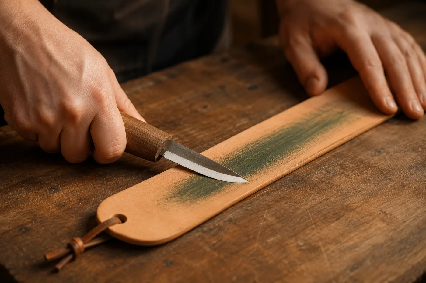 A carving knife being drawn along the tan leather strop, the green compound worked into the leather beneath the blade