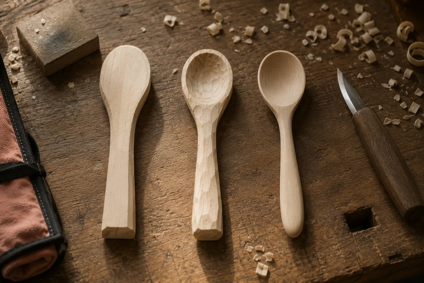 Three stages of spoon carving lined up on a workbench: a rough blank, a shaped spoon and a hollowed finished spoon