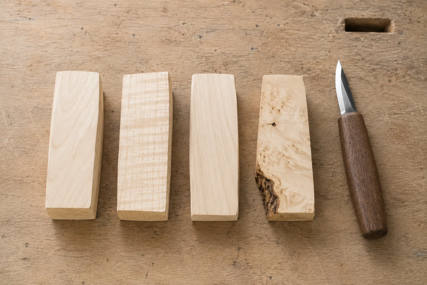 Four pale carving blanks with different grain patterns laid in a row on a workbench beside a carving knife